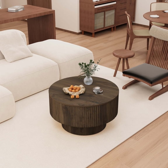 Dining Sets 29.53 "MDF modern round coffee table and 2 PU dining chairs set, ring-striped design & storage space dining table and black metal leg dining chairs, suitable for kitchen and home,Wooden D