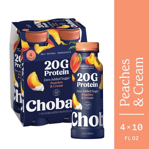 Chobani 20G Protein Low-Fat Greek Yogurt Drink, Peaches & Cream, 10 fl oz Bottle, 4 Pack