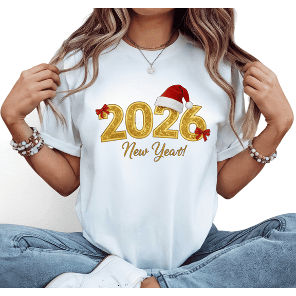 2026 New Year Print Tshirt Graphic Tees Shirts Golden Santa Hat Design White S-5XL Holiday Party Tops