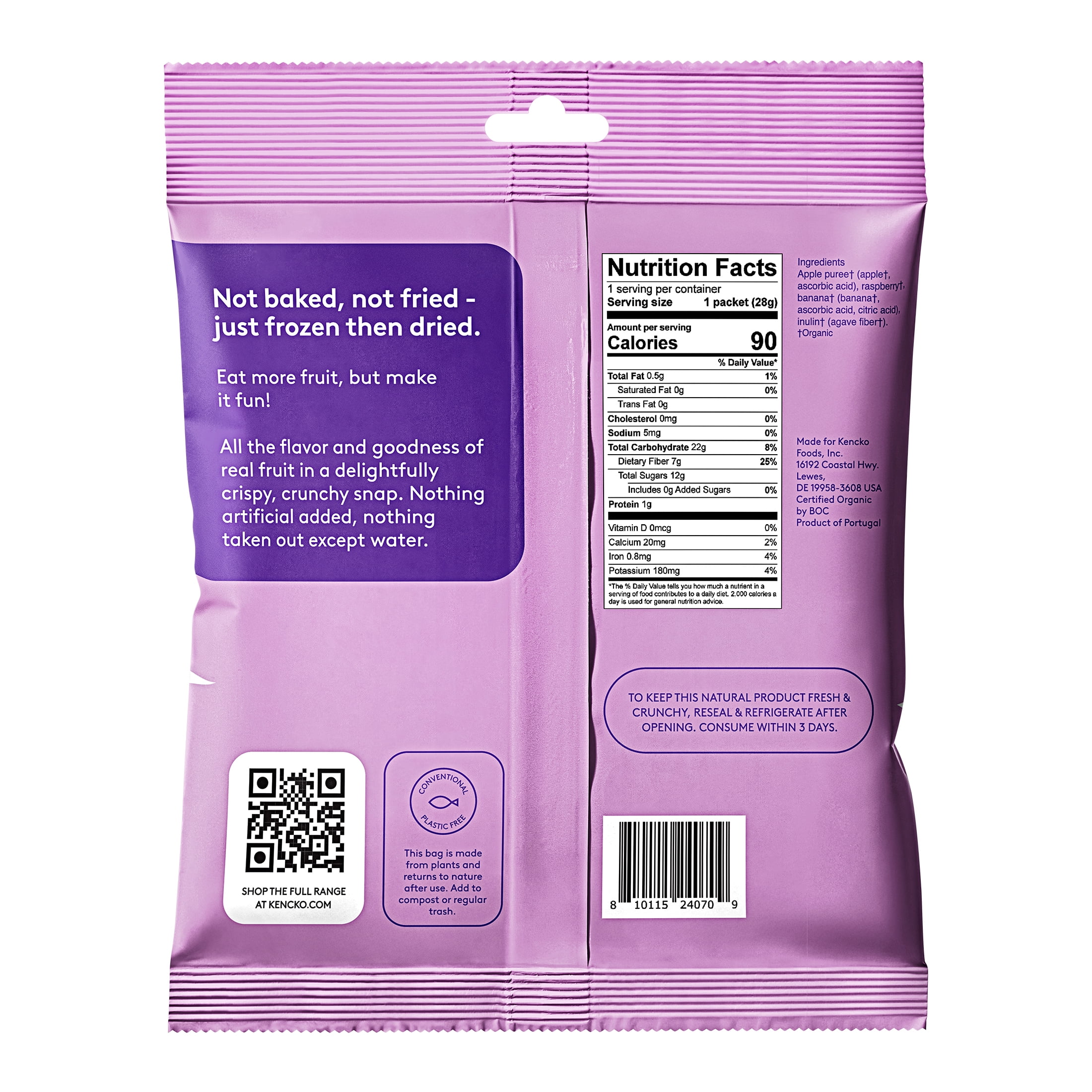 (3 pack) Kencko Raspberry Organic Fruit Snaps, Freeze Dried Fruit Snacks, 1 oz