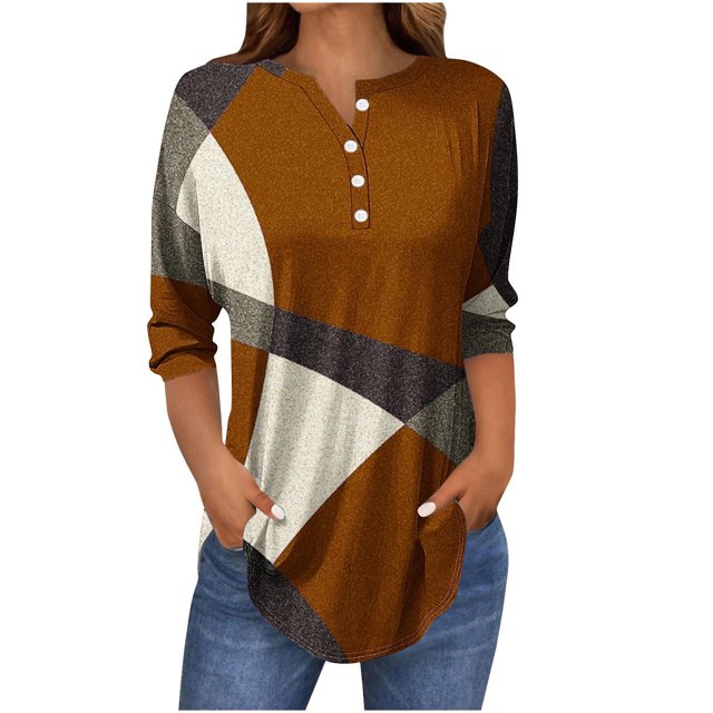 SwiftWear Blouse for Women Trendy 3/4 V-Neck Button Tops Summer Geometric Patterns Casual Tees 2025