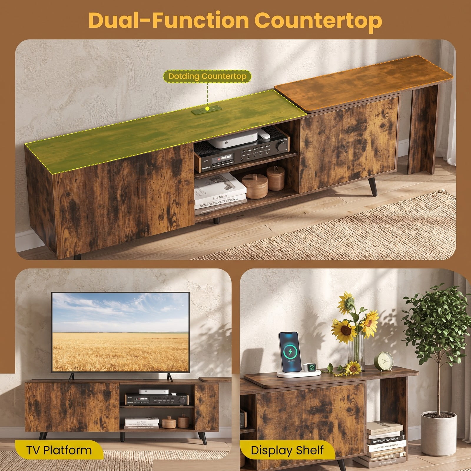 Furnibear TV Stand for TVs up to 85 Inch with Charging Station, Wood Entertainment Center Media Console with 2 Cabinets and 2 Wall Shelves for Living Room, Rustic Brown