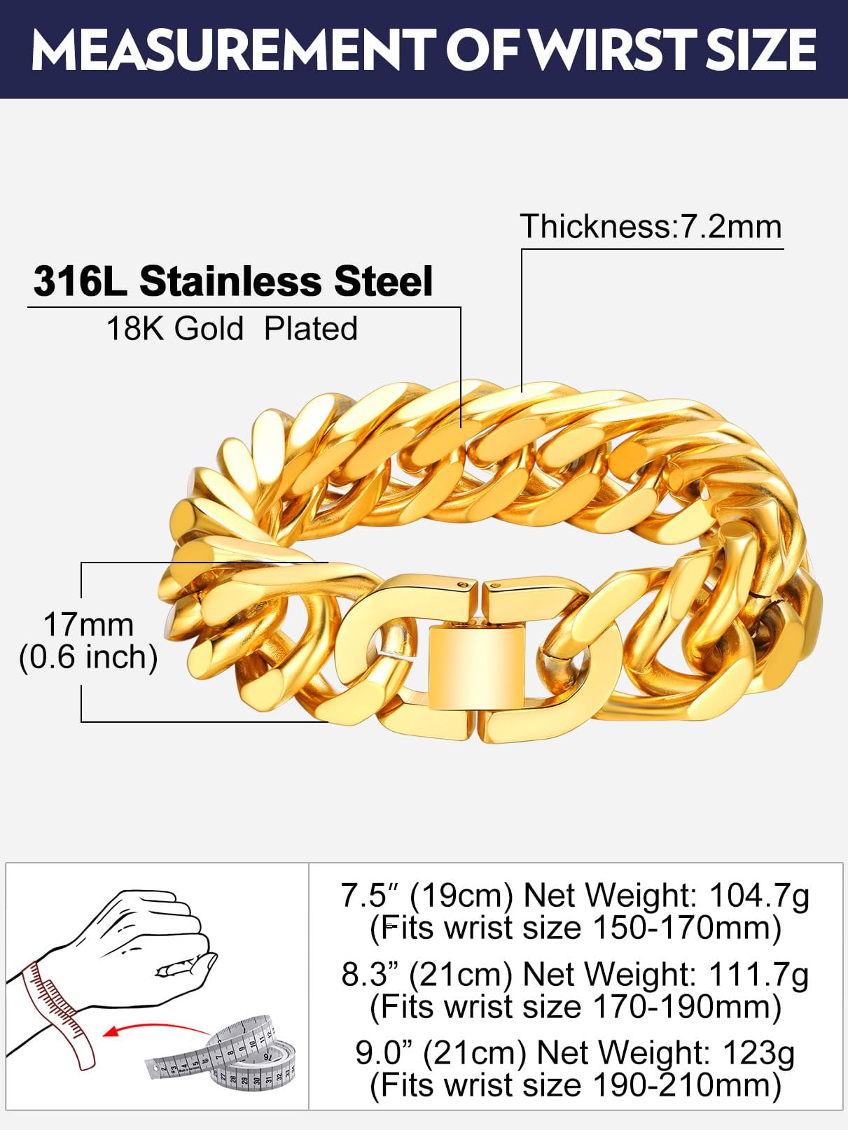 Bandmax 17MM 14K Gold Plated Cuban Chain Bracelets for Men Stainless Steel Miami Curb Link Hand Chain Wristlet Birthday Valentines Father Day Gift for Dad Son Husband Grandpa