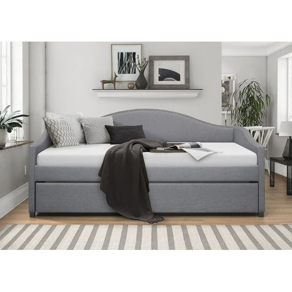 Home Design Clanton Twin Daybed with Pull-Out Trundle, Polyester Upholstery, Nailhead Trim, French Country Design, Stylish and Practical for Living Room or Guest Room, Light Gray
