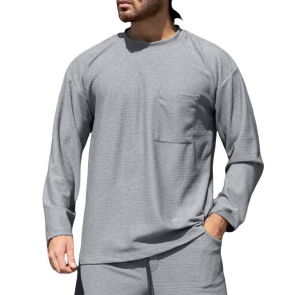 BRGZLK Men's Cotton Tops Solid Color Long Sleeve Fashion Loose Fit Crewneck Casual T Shirt with Pocket Gray L