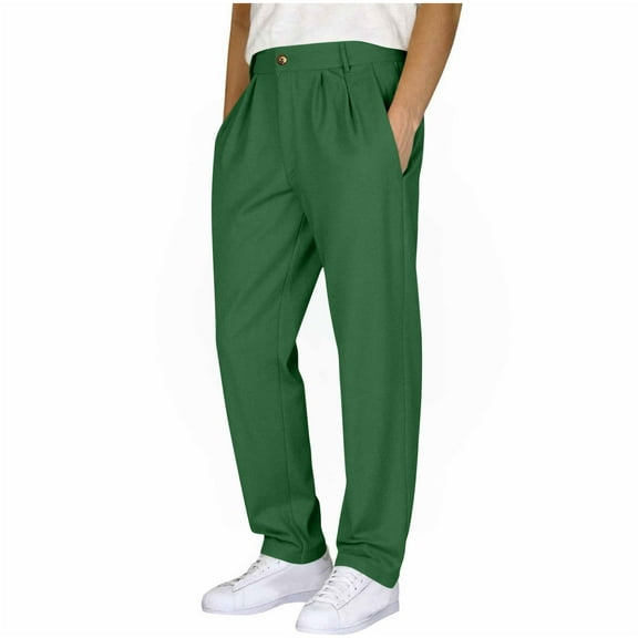 Yyeselk Men's Pants Loose Fit Pleated Front Casual Comforable Straight Leg Lightweight Solid Color Simple Lounge Pants with Pocket Green XXL