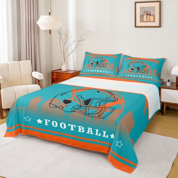 Homewish Cartoon Sports Helmet Twin Sheet Sets for Kids, Football Soccer Athlete Twin Fitted Sheet, Cyan Orange Ball Sport Flat Sheet, Luxury Bedroom Decor, 3pcs