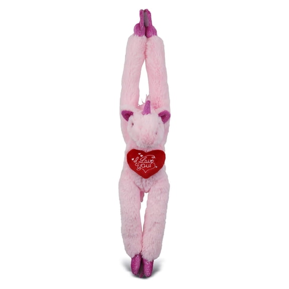 DolliBu I LOVE YOU Plush Hanging Pink Unicorn - Cute Stuffed Animal with Red Shirt For Valentine, Anniversary, Romantic Date, Super Soft Fantasy Plush Toy Gift For Boyfriend or Girlfriend - 21 Inch