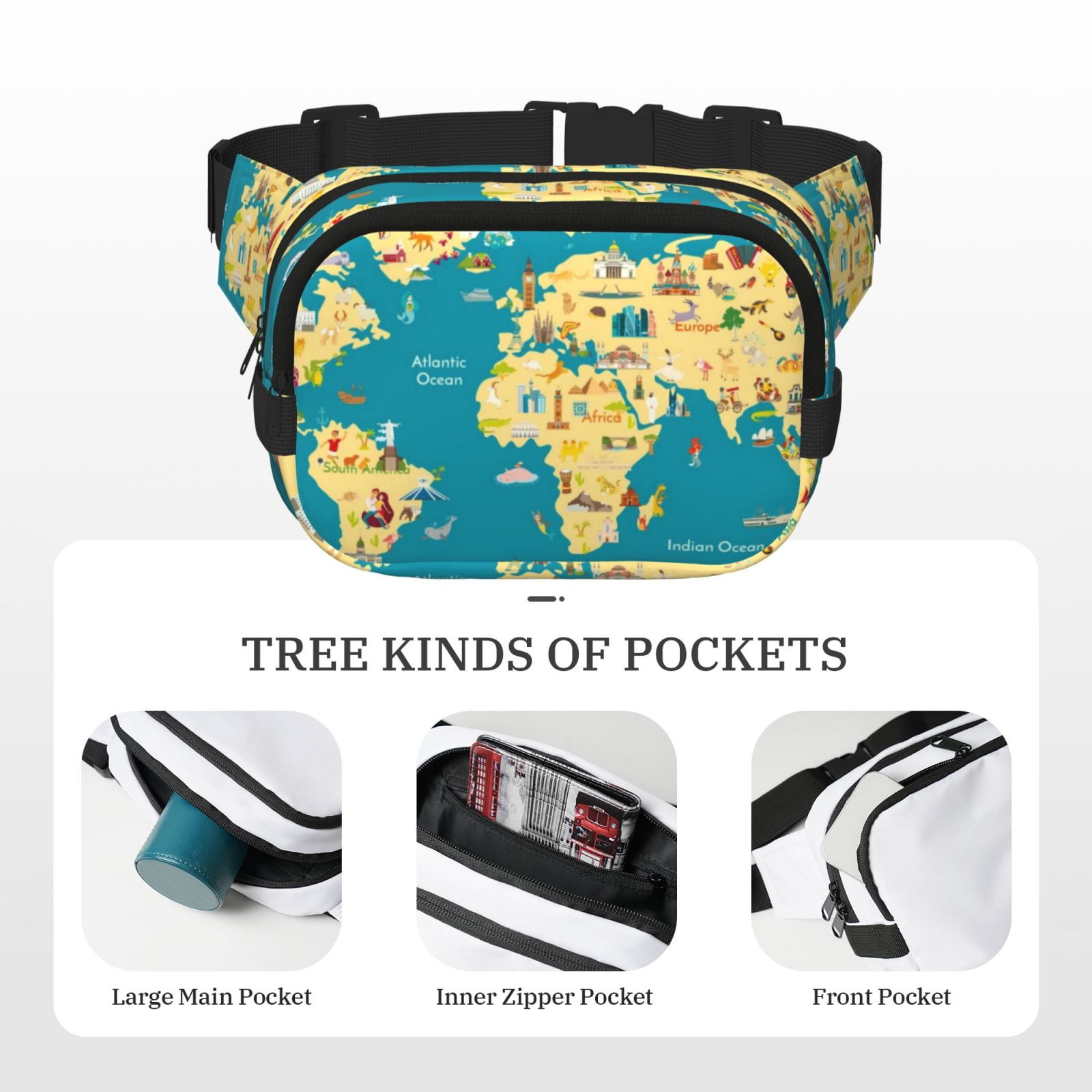 Picia World Map With Landmarks Print Square Double-Layer Waist Bag Mini Adjustable Waist Belt Bag Exercise Running Travel Hiking
