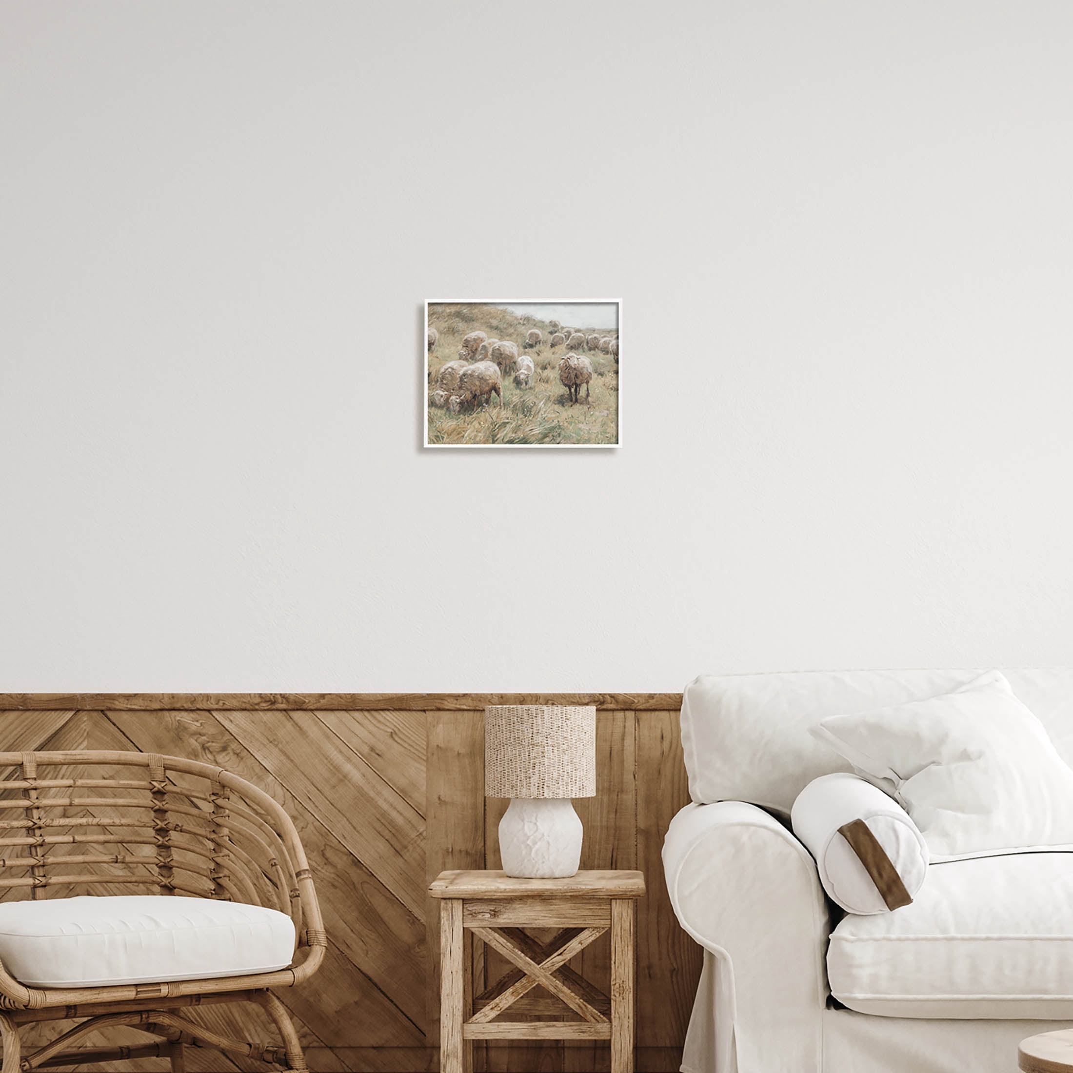 Rural Cattle Grazing Field Landscape Painting White Framed Art Print Wall Art