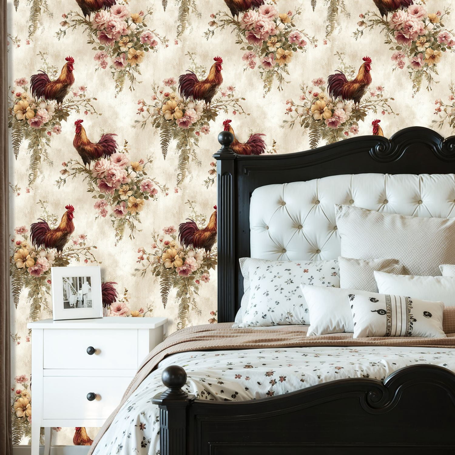 Peel and Stick Wallpaper 23.6in x 9.8ft Rustic Country Inspired Roosters Flowers Vines Farmhouse Contact Paper Vinyl Waterproof Self Adhesive Wall Paper for Bedroom Shelf Cabinet Renter Friendly