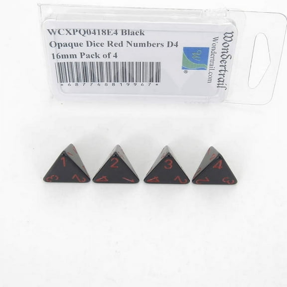 Black Opaque Dice with Red Numbers D4 Aprox 16mm (5/8in) Pack of 4 Wondertrail