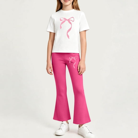 Xdegoge Girls Outfit 2 Piece Short Sleeve Crewneck Graphic Cute T Shirt and Bell Bottom Flare Pants Set Casual First Day Of School Daily Sets 2-14 Years