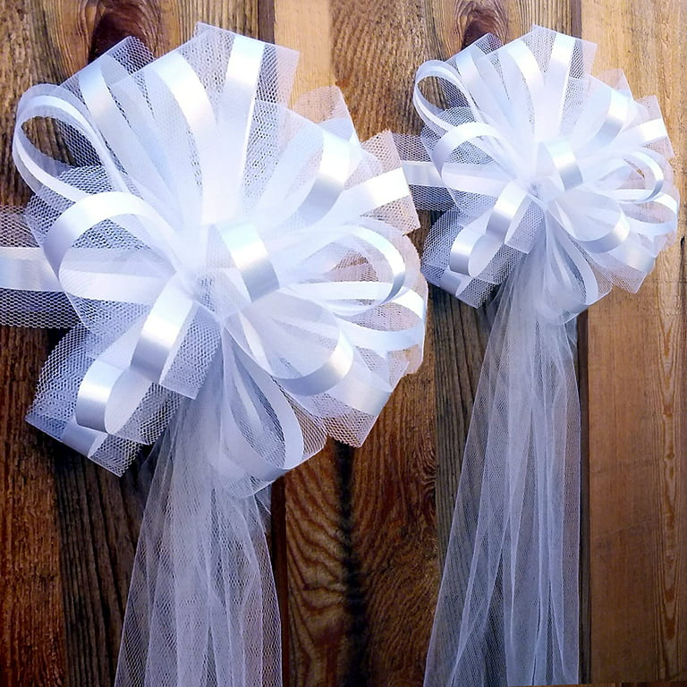 Giftwrap etc. Large Assembled White Wedding Pew Bows - 10 inch Wide, Set of 4, Tulle Wedding Bows, Reception, Aisle Decoration, Bridal Shower, Anniversary