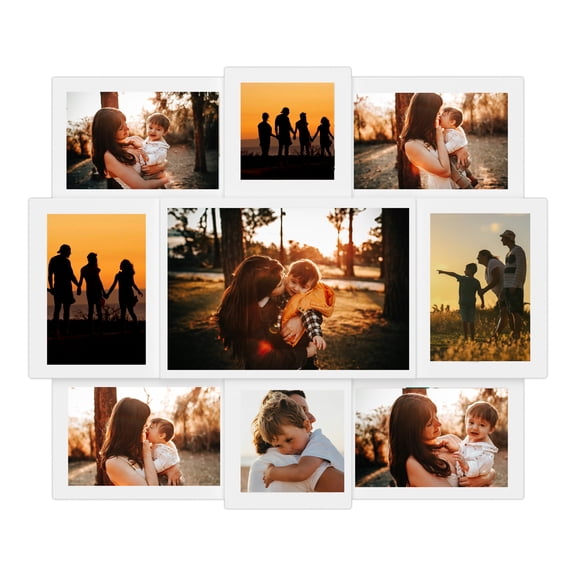 Photo Frame 9 Opening 16" x 19" Wall Hanging Photo Frame, White PVC 6" x 4" & 8" x 6" & 4" x 4" Photo Sockets x 8, Black Edge | Gallery Style