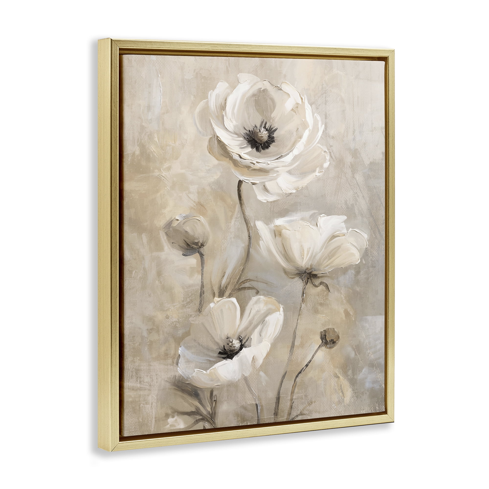 Stupell Industries Natural Beige Poppies Plants & Flowers Painting Gold Floater Framed Canvas Art Print Wall Art, 25 x 31