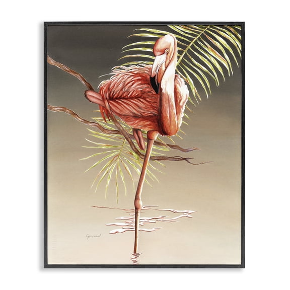 Stupell Industries Traditional Flamingo Balancing with Leaf Black Framed Giclee Art, 11 x 14, by Christine Reichow