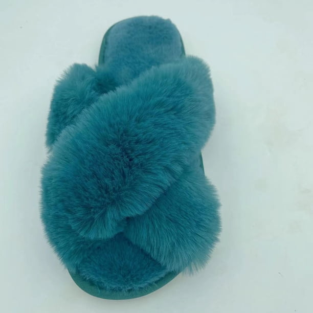 Zapatillas de algodón con tiras cruzadas de felpa para invierno, pantuflas de felpa agrandadas para calidez interior, piel de conejo de imitación alta-baja