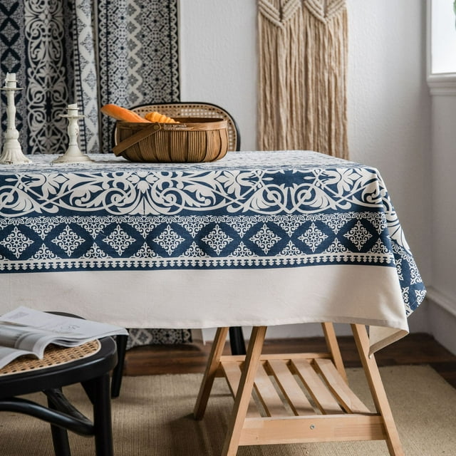 Nvzi cotton linen printed blue and white porcelain retro tablecloth restaurant fabric dining table cloth tablecloth desktop decoration (blue, 140 * 140cm)