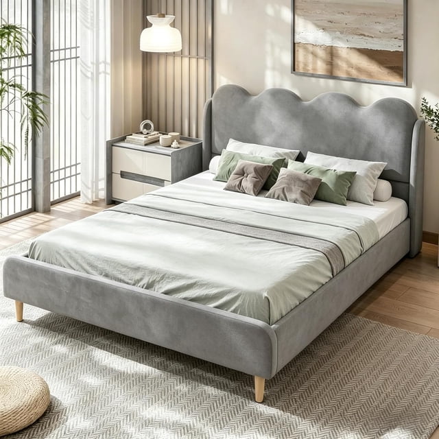 YUSAZENS Twin Size Wave Design Upholstered Bed Frame with Winged Side Panel, Floor Standing Soft Platform Bed, Sturdy MDF Structure No Box Spring Needed, Modern Bedroom Furniture Gray
