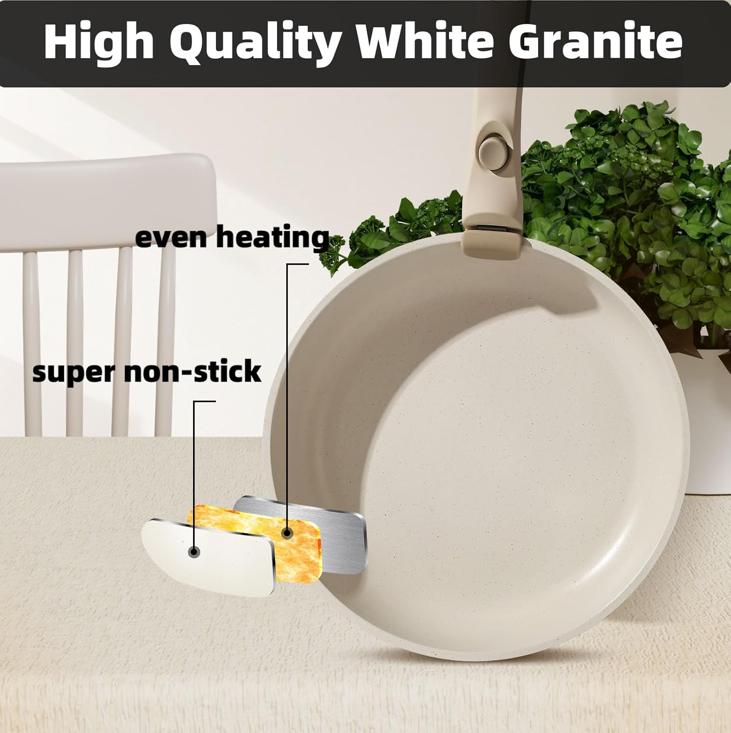 SIMATE 12 Pcs White Granite Pots and Pans Set, Non Stick Cookware with Detachable Handle for Gas and Induction Stoves, Stackable Cookware Set for Limited Space