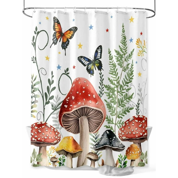 Shower Curtain Mushrooms Bathroom Curtains with Hooks, Waterproof Fabric Butterflies Star Plant Bath Shower Curtains Set for Bathroom Bathtubs Decor 36x72 Inch