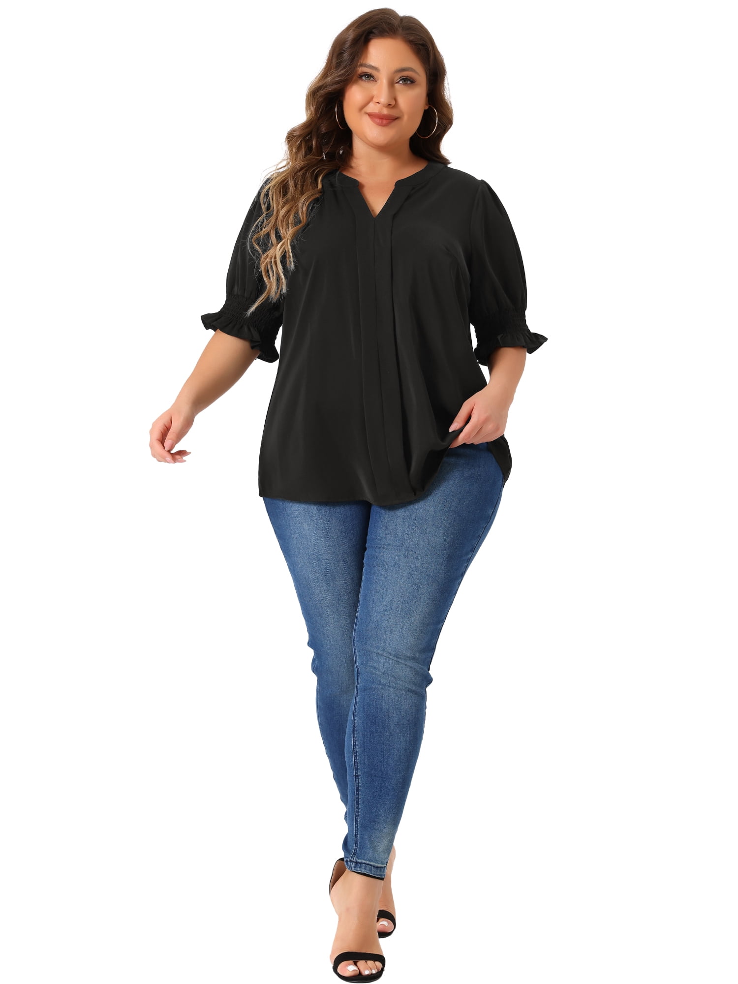 DARING DIVA Women's Plus Top Notched V Neck Puff Blouse Tops 1X Black