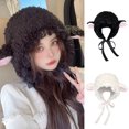 thumbnail image 3 of Eosunjian Ladies Hat Photo Prop Sheep Ear Decor Solid Color Fluffy Thick Keep Warm Windproof Adjustable Winter Hat for Students Black, 3 of 12