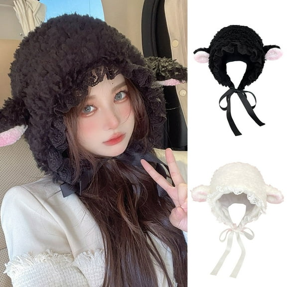 rygai Ladies Hat Photo Prop Sheep Ear Decor Solid Color Fluffy Thick Keep Warm Windproof Adjustable Winter Hat for Students,Black