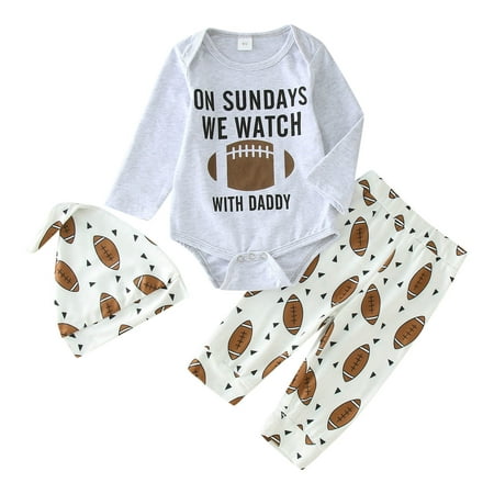 

Xiulive Toddler Boys Girls Long Sleeve Letter Romper Bodysuit Cartoon Rugby Football Prints Pants Hat Outfits Casual Soft Clothes set