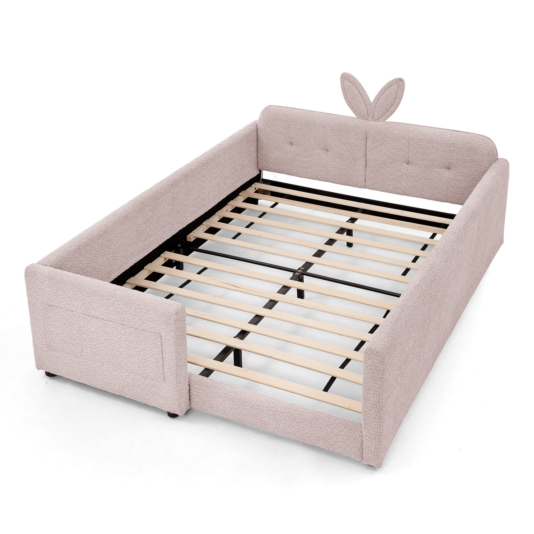 Noble House Ciara Full Boucle Upholstered Platform Bed, Cute Rabbit Ear Headboard Bed with Safety Guardrail, Pink