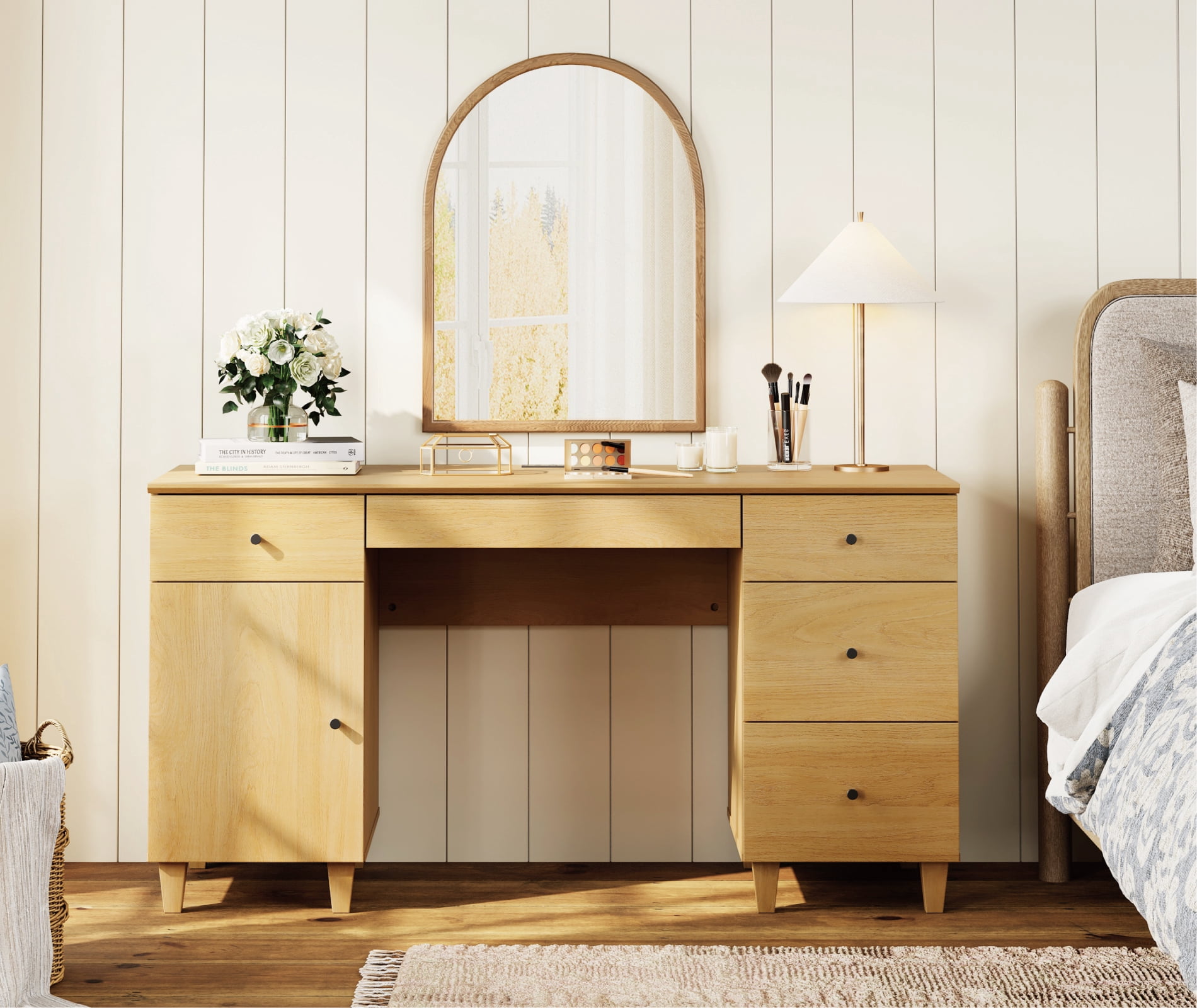 58" Wooden Vanity Desk with Drawers and Cabinet, Modern Makeup Charging Table with Storage for Bedroom, Oak