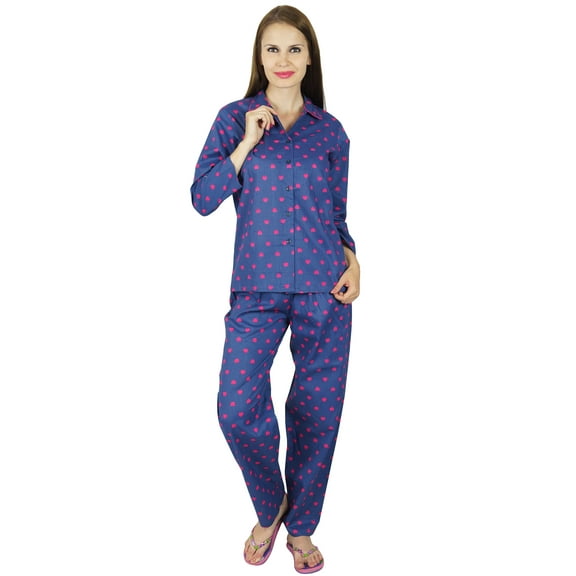 Bimba Blue Cotton Night Heart Print Pajama Set Long Sleeve Shirt with Pyjamas