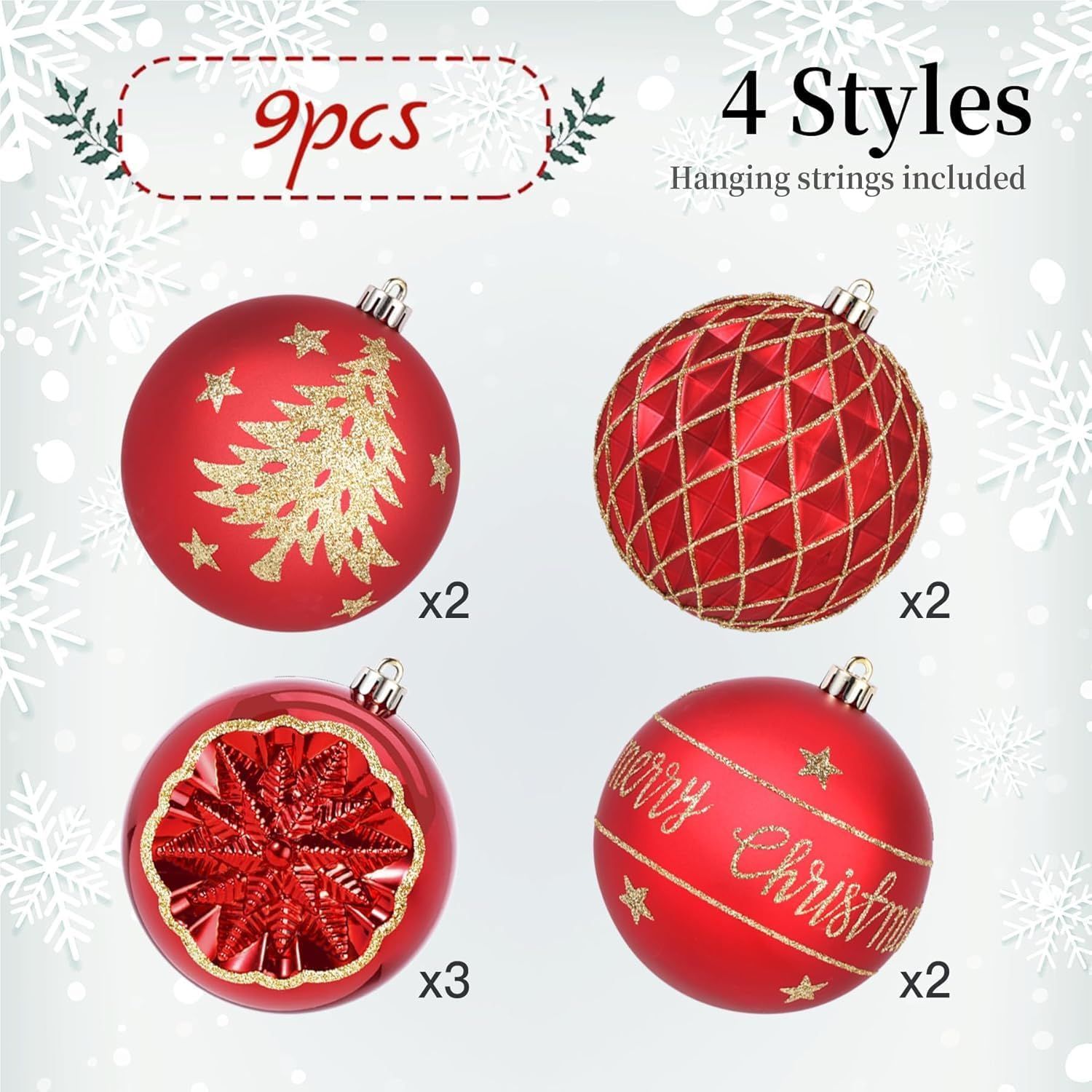 100MM/4 Inch 9PCS Large Christmas Balls Ornaments, Shatterproof Plastic Hanging Big Baubles Set for Xmas Tree Decoration Holiday Party Wedding Decorations with Hook
