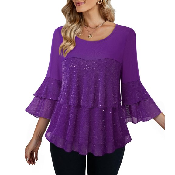 Ltctricy Women's Tunic Tops Sparkly 3/4 Bell Sleeve Crewneck Ruffle Hem Layered Glitter Mesh T Shirts Dressy Casual Party Blouses(Purple,X-Large)