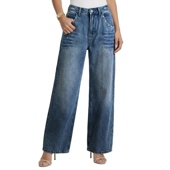 EMMIOL Women's Mid-High Waist Y2K Baggy Wide Leg Jeans Vintage Washed Denim Pants with Rivet Detail & Pockets 2026 Trendy Streetwear