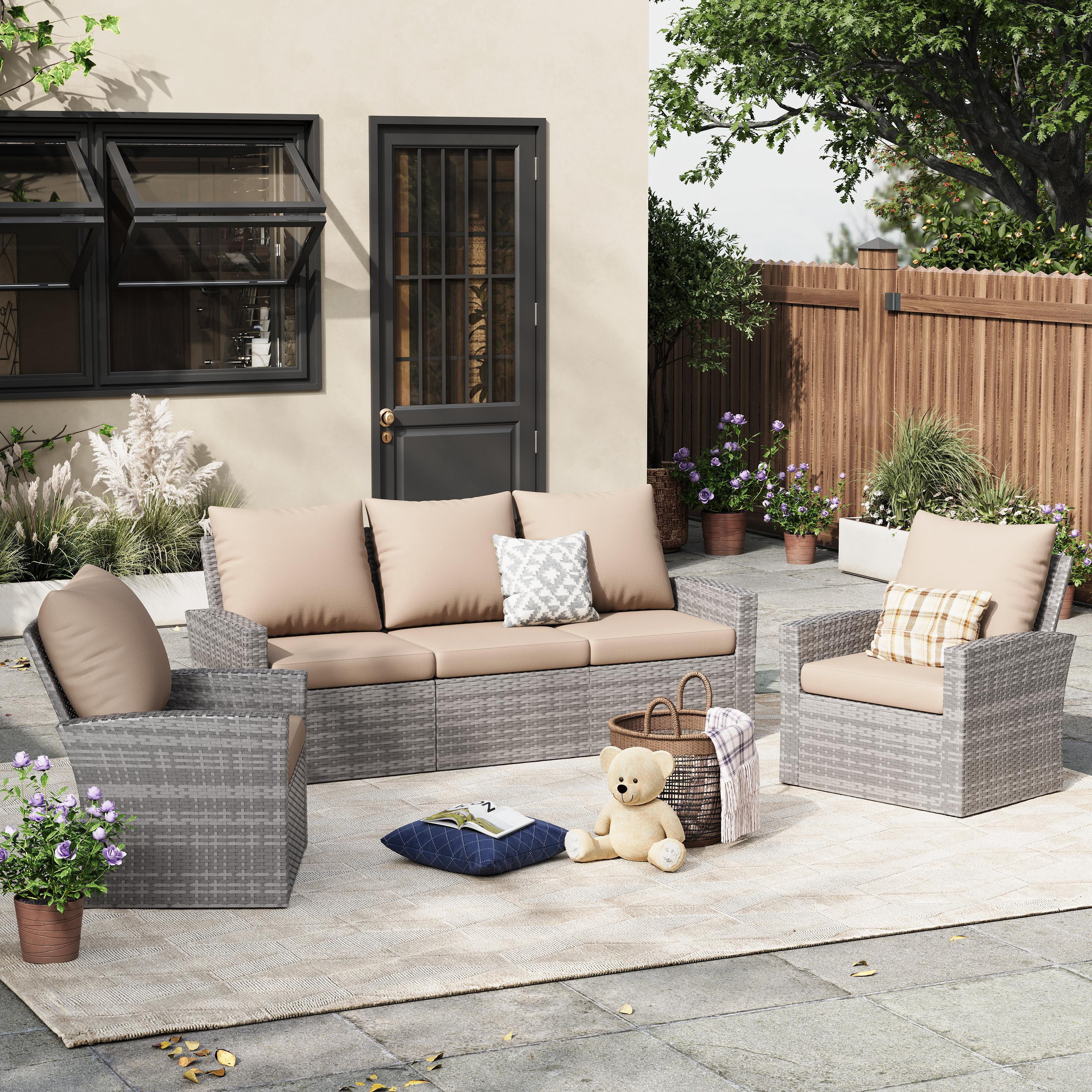 ELPOSUN 5 Pieces Outdoor Sectional PE Rattan Conversation Sofa Set with Gray Wicker, Beige