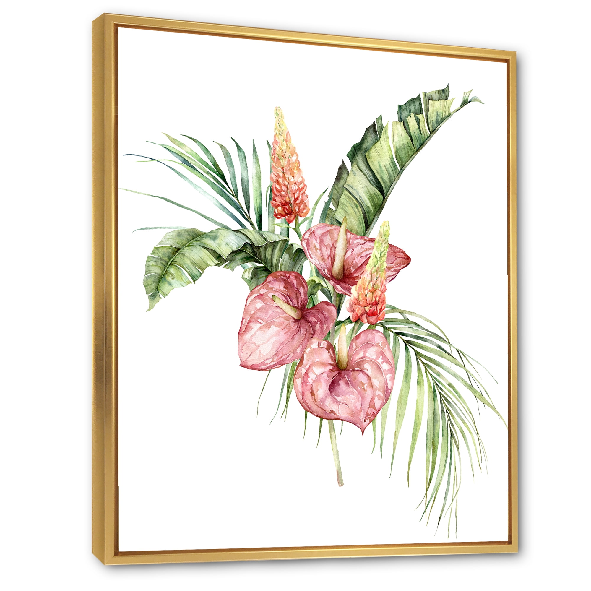 Designart 'Tropical Bouquet With Anthurium Lupine and Leaves On White II' Traditional Framed Canvas Wall Art Print