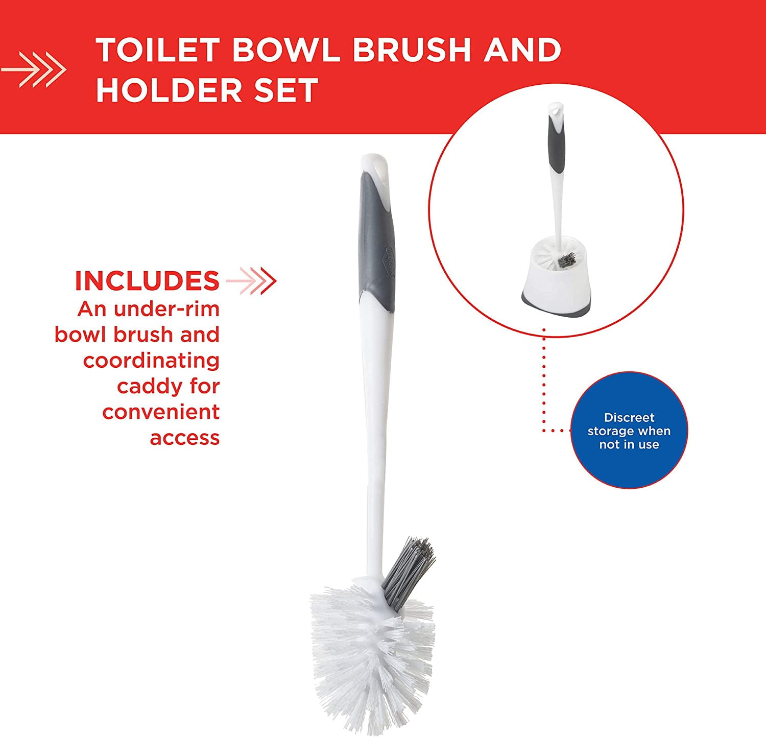 Under-Rim Toilet Bowl Brush with Corner Storage Caddy, 16 x 5 x 5.5 in