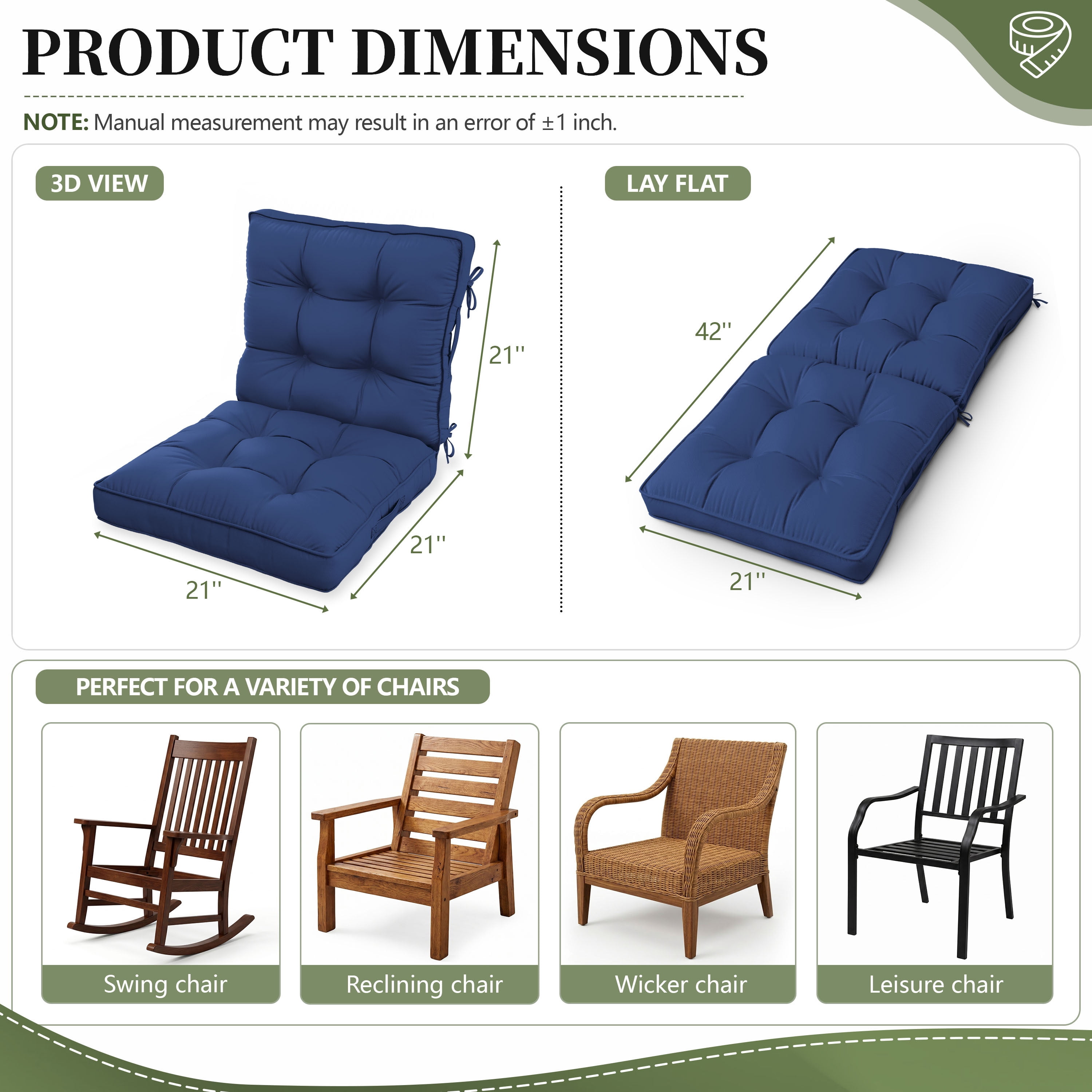Pakunoda Chairs Cushions 42" X 21" Tufted Non Slip Pad Seat and Seatback 4 Set Cushion with Ties for Patio Outdoor & Indoor Rocking Chair, Blue