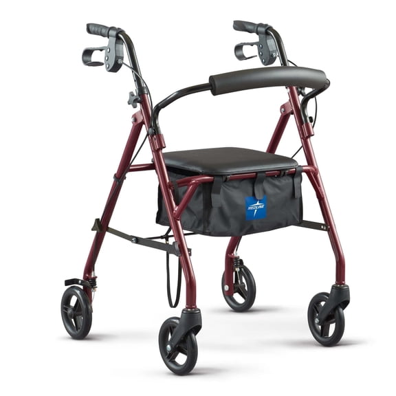 Medline Steel Rollator Walker with Seat for Seniors, Foldable, Burgundy
