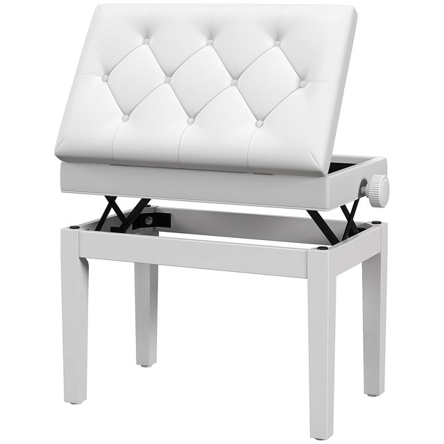 HOMCOM Banc de Piano Réglable avec Rangement et Rembourrage en Cuir PU Doux, avec Assez de Rangement Musical, Blanc