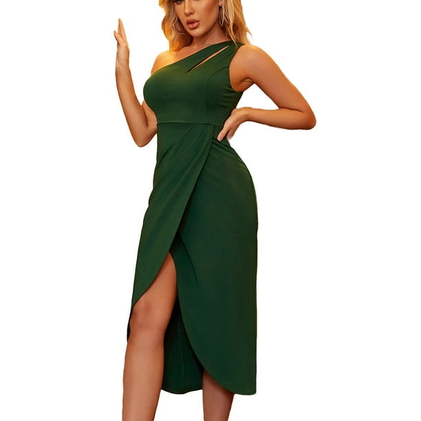 VISgogo Vestido de noche para mujer Color sólido Un hombro Diseño recortado Irregular Split Hem Slim Fit Vestido de cóctel VISgogo moda