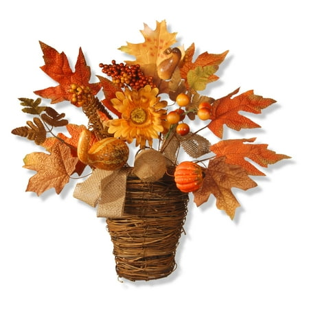 16&#34; Maple Leaf Wall Basket - National Tree Company: Autumn Door Decor, Woven Rattan Basket, Berry Clusters
