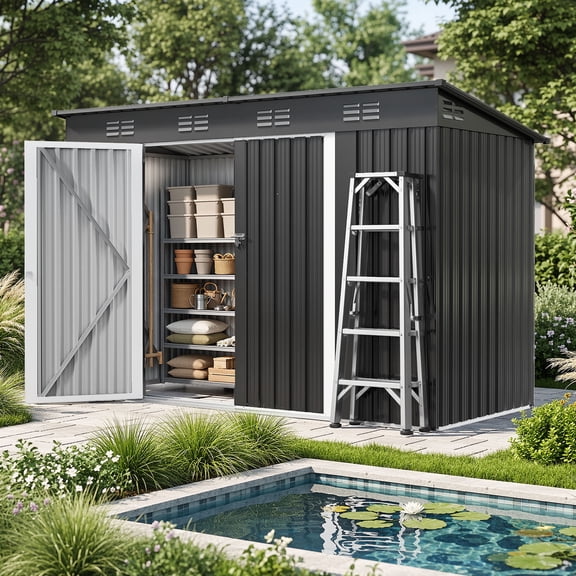 Uforic Oversized Outdoor Storage Shed with Window, Built-in Ventilation, Lockable Doors & Sloped Roof, Weather Resistant Steel Garden Tool Shed for Patio Lawn Backyard, Gray