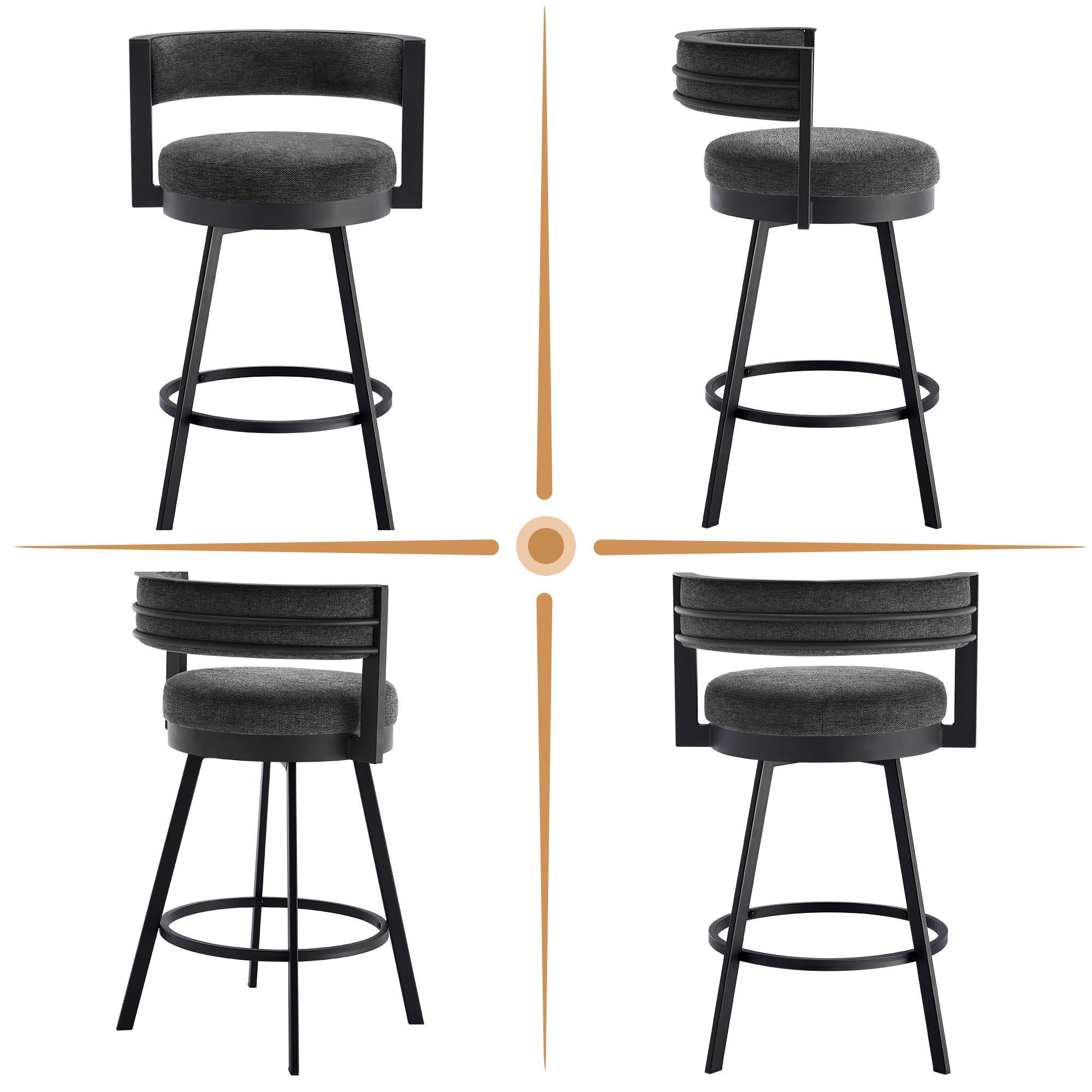 Zesthouse 26.6″ Swivel Bar Stools Set of 2, Linen Upholstered Counter Height Chairs with Barrel Back Metal Legs, Modern Barstools for Kitchen Island, Dark Gray