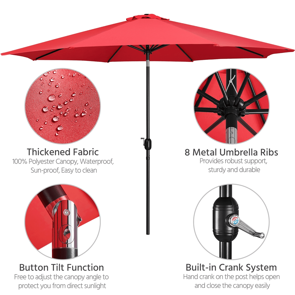 Alden Design 11 Foot Patio Umbrella with Crank and Push Button to Tilt, Red