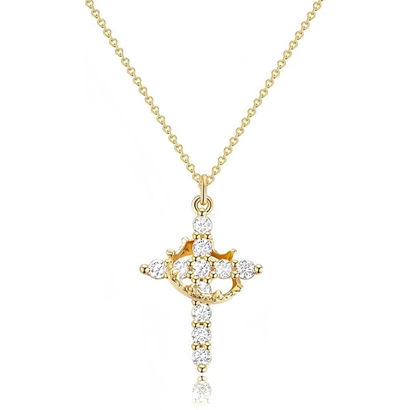 Silver & Stone Jewels Crown Cross for Women 14K Yellow Gold Plated CZ Pendant Necklace