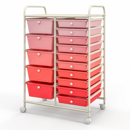 Kepooman File Storage Organizer,File Cabinet,15-Drawer Utility Rolling Organizer Cart Multi-Use Storage-Gradient Pink