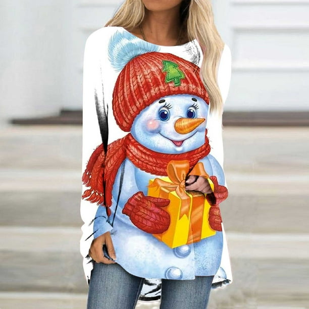 Puntoco Navidad Mujer Moda Casual Manga larga Cuello redondo tops Blusa suelta Camisas estampadas Puntoco Puntoco-6734